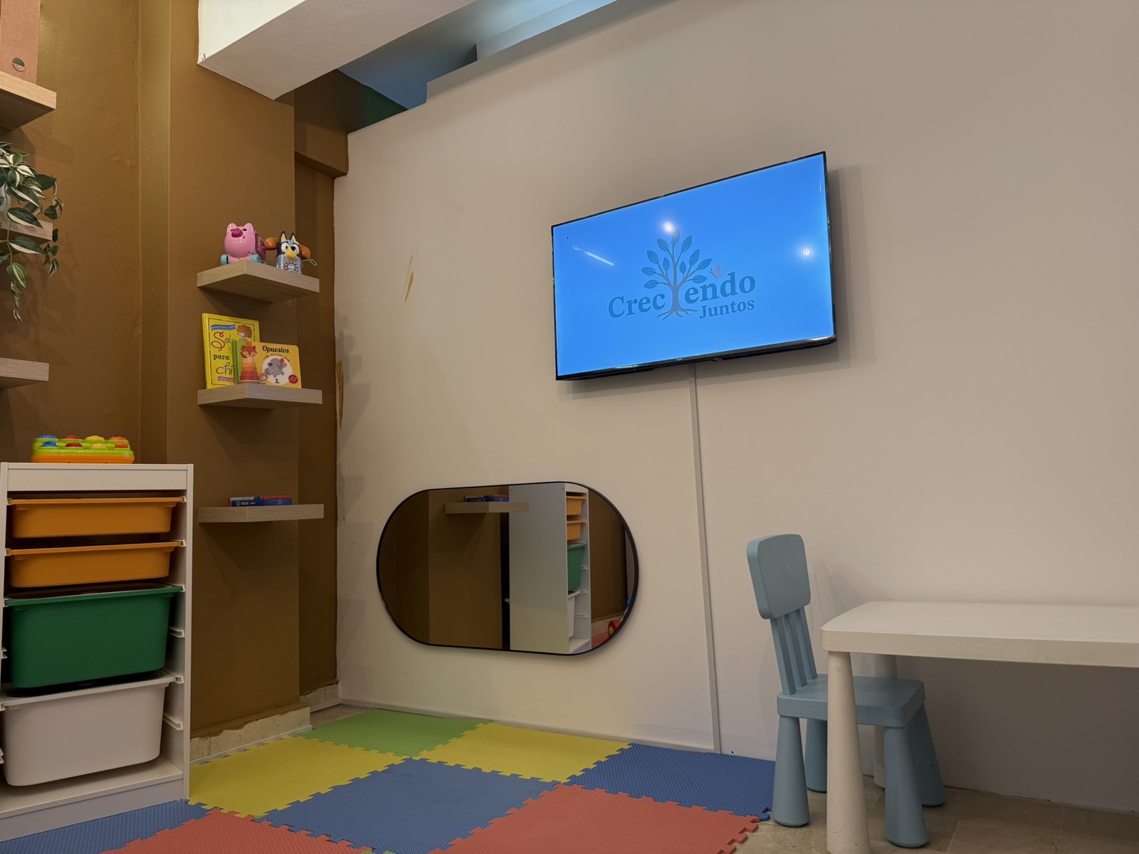 Área de trabajo con mesa, espejo y pantalla